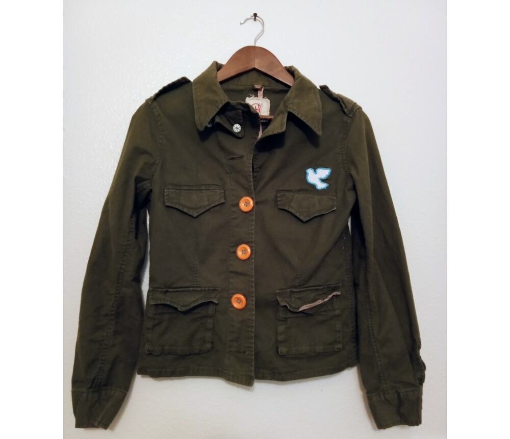Chor Women's Army Jacket Utility Military Statement Orange Accent Buttons SZ M